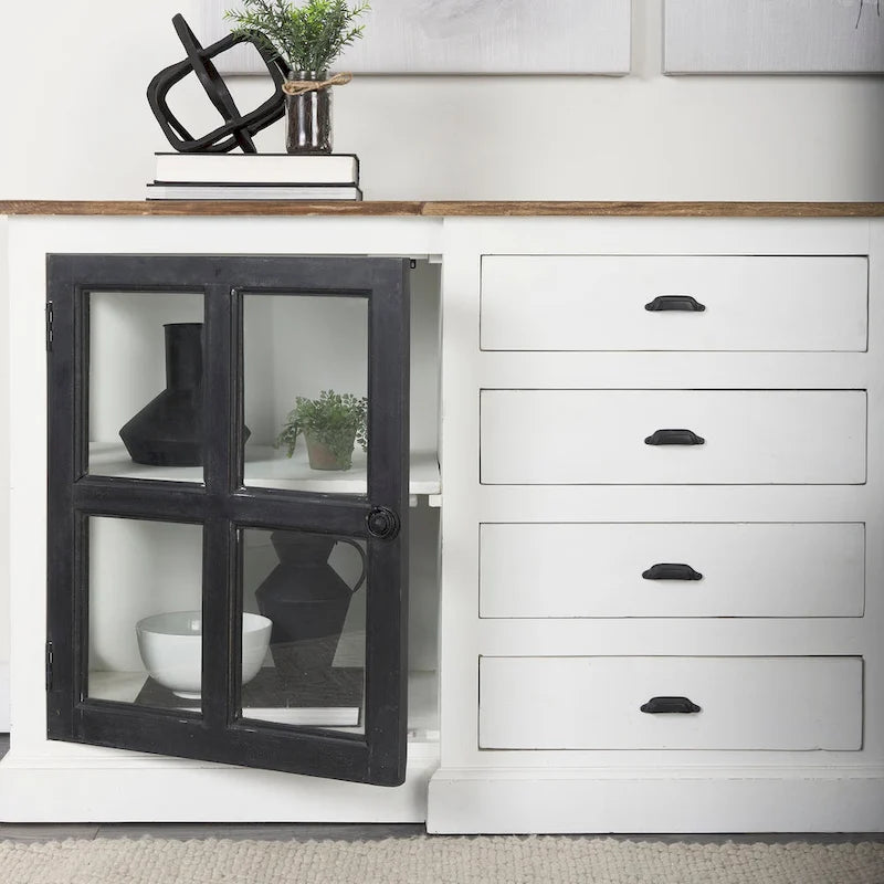 White w/Black Trim & Medium Brown Top Solid Wood Sideboard - 75.0L x 20.8W x 34.3H