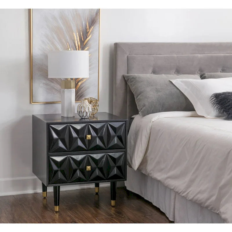 27 Black Geometric Patterned Two Drawer Nightstand