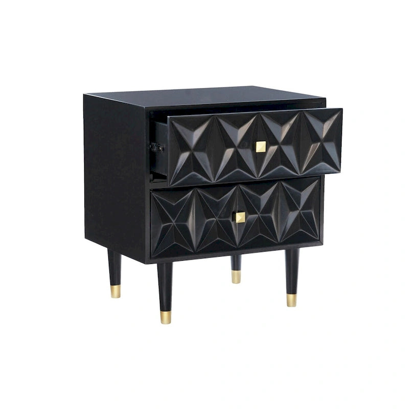 27 Black Geometric Patterned Two Drawer Nightstand