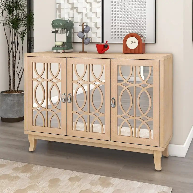 Sideboard with Glass Doors, 3 Door Mirrored Buffet Cabinet
