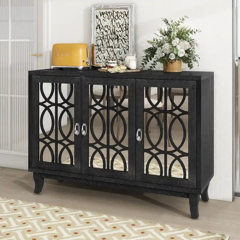 Sideboard with Glass Doors, 3 Door Mirrored Buffet Cabinet