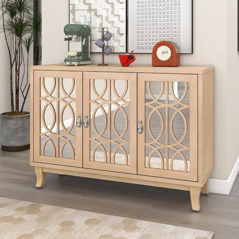 Sideboard with Glass Doors, 3 Door Mirrored Buffet Cabinet