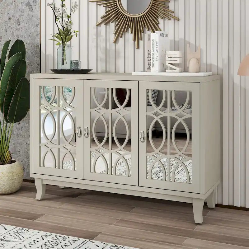 Sideboard with Glass Doors, 3 Door Mirrored Buffet Cabinet