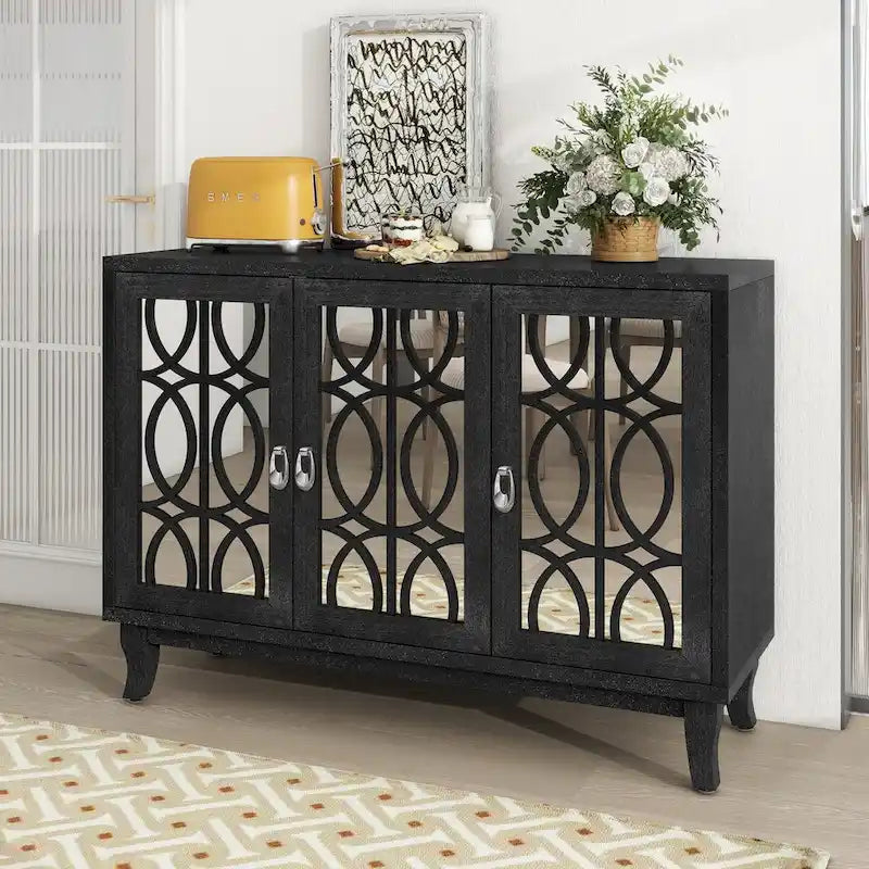 Sideboard with Glass Doors, 3 Door Mirrored Buffet Cabinet