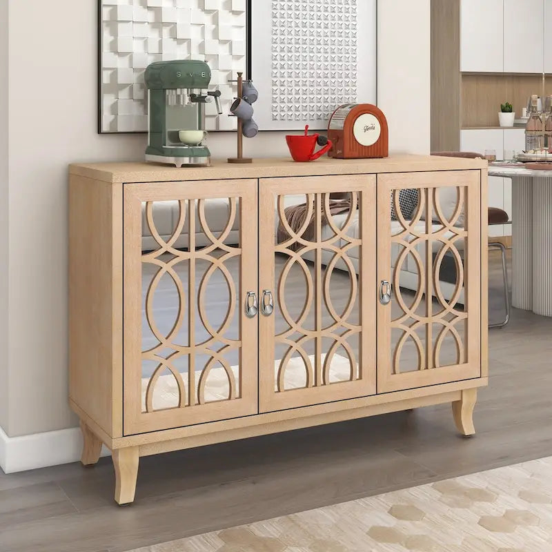 Sideboard with Glass Doors, 3 Door Mirrored Buffet Cabinet