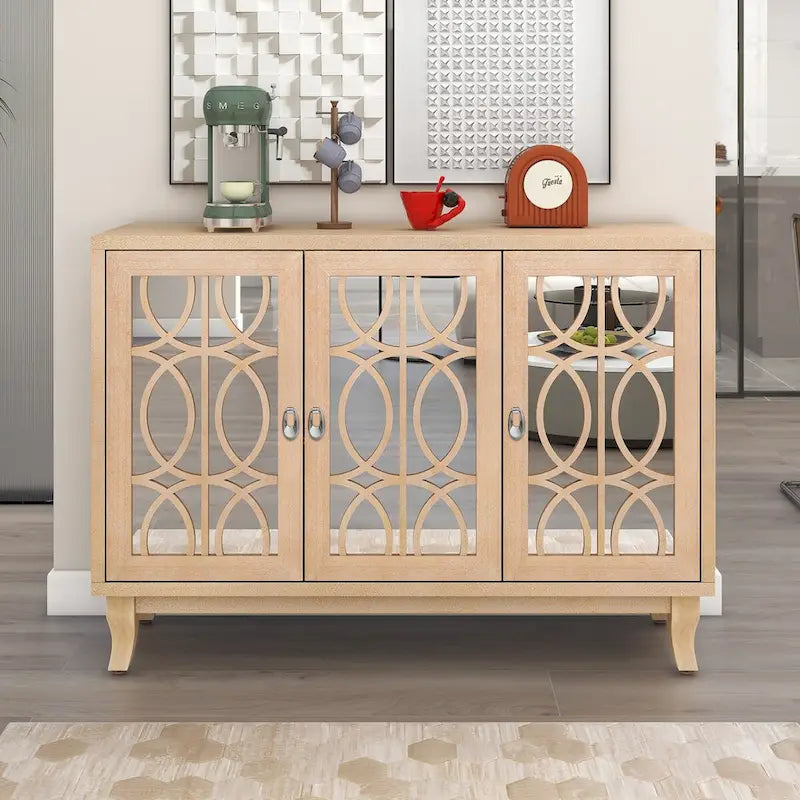 Sideboard with Glass Doors, 3 Door Mirrored Buffet Cabinet
