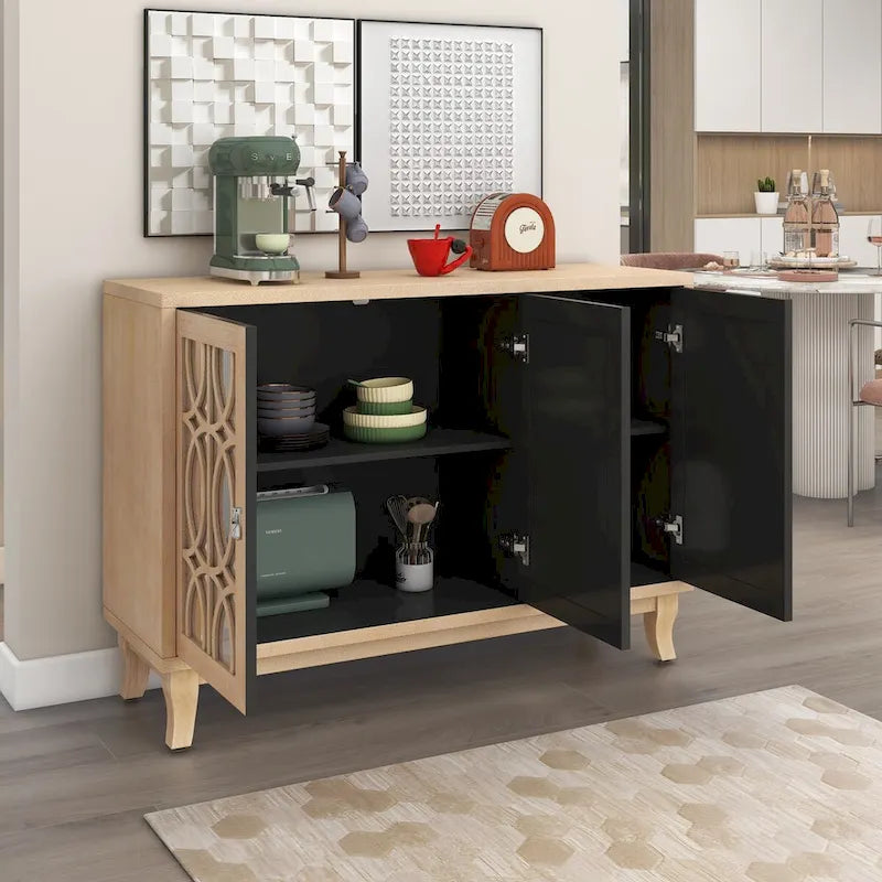 Sideboard with Glass Doors, 3 Door Mirrored Buffet Cabinet