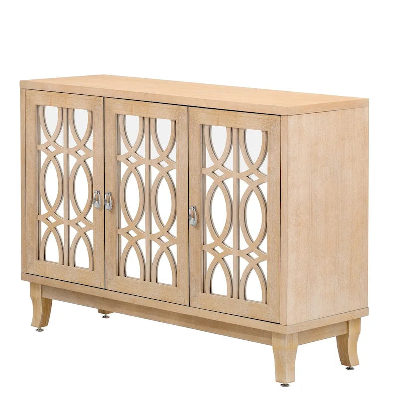 Sideboard with Glass Doors, 3 Door Mirrored Buffet Cabinet