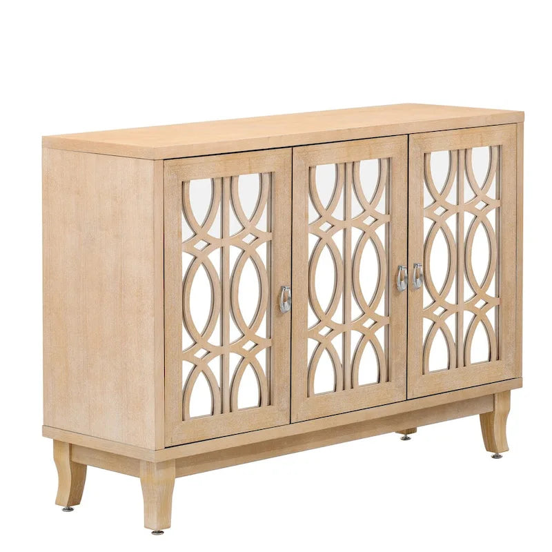 Sideboard with Glass Doors, 3 Door Mirrored Buffet Cabinet