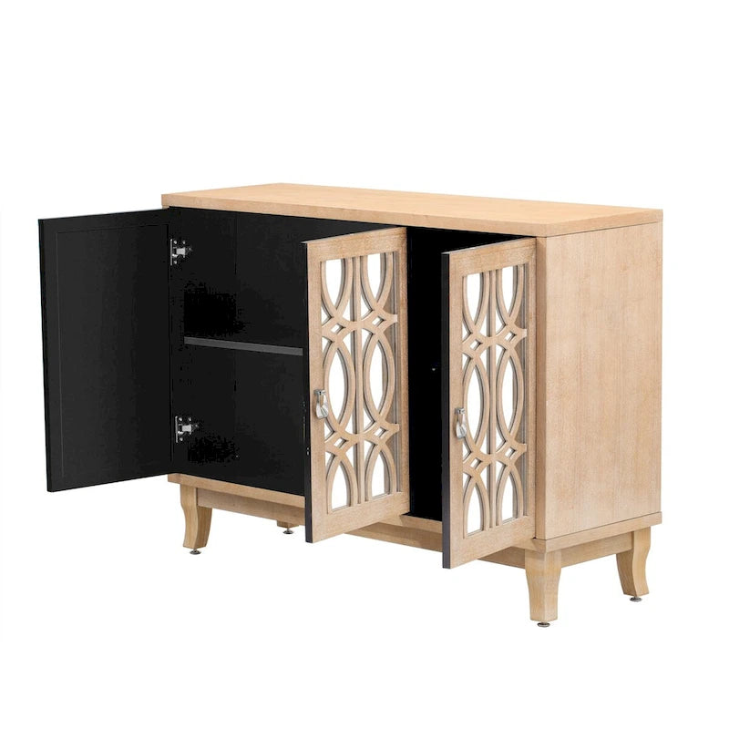 Sideboard with Glass Doors, 3 Door Mirrored Buffet Cabinet