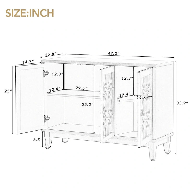 Sideboard with Glass Doors, 3 Door Mirrored Buffet Cabinet