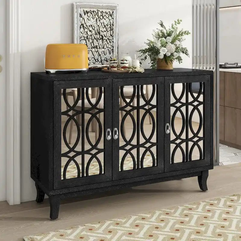 Sideboard with Glass Doors, 3 Door Mirrored Buffet Cabinet