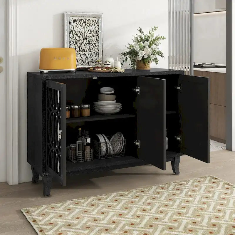 Sideboard with Glass Doors, 3 Door Mirrored Buffet Cabinet