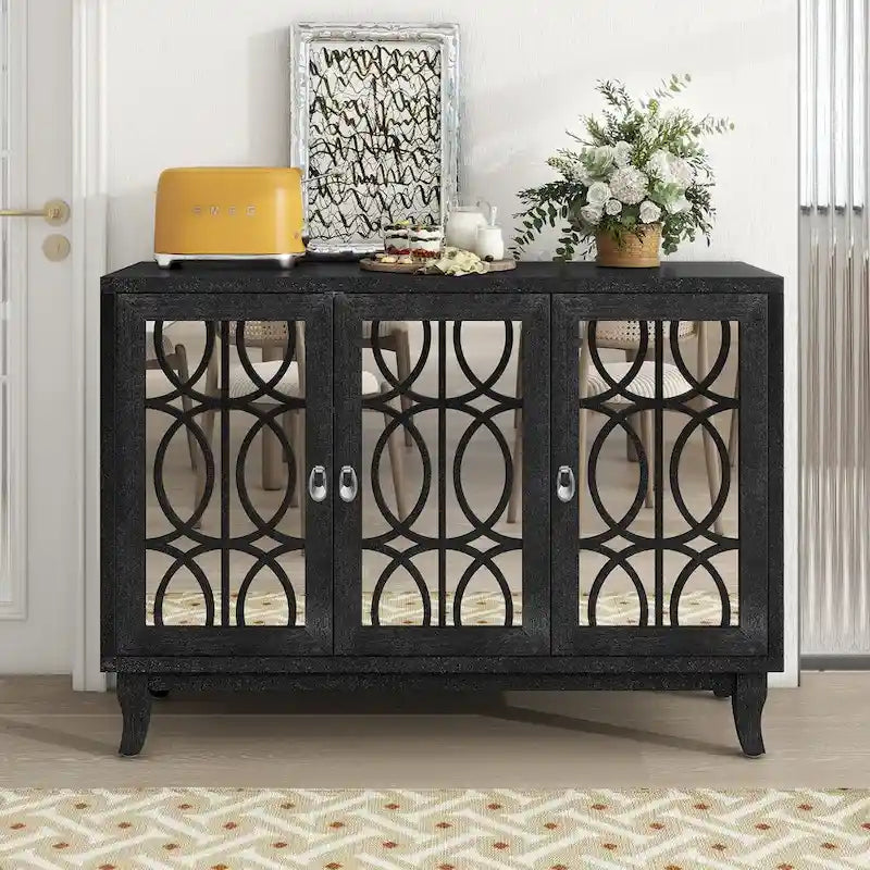 Sideboard with Glass Doors, 3 Door Mirrored Buffet Cabinet