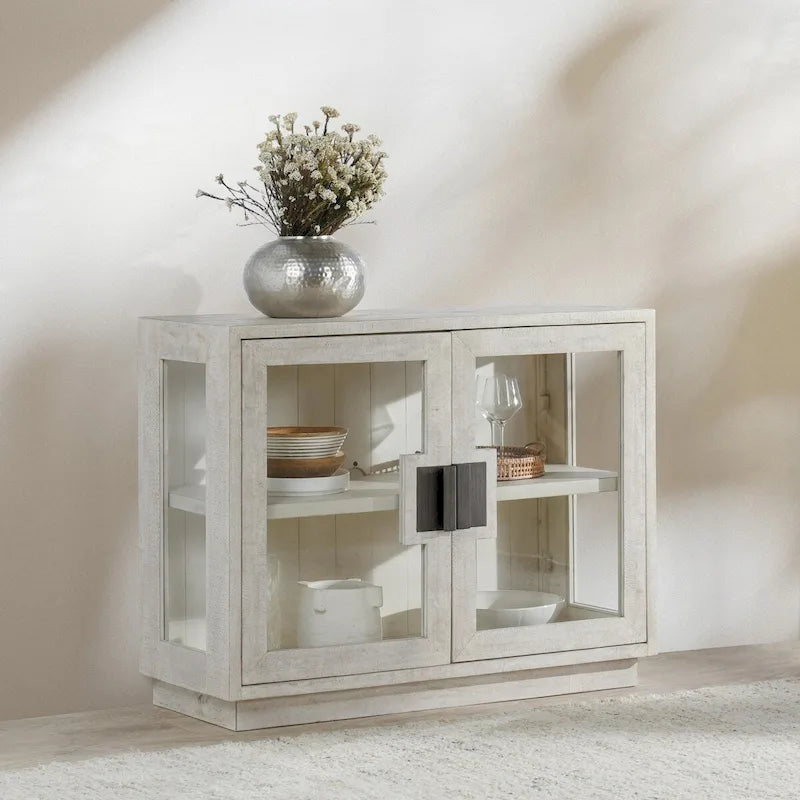 Two-Door Glass and Oak Wood Cabinet