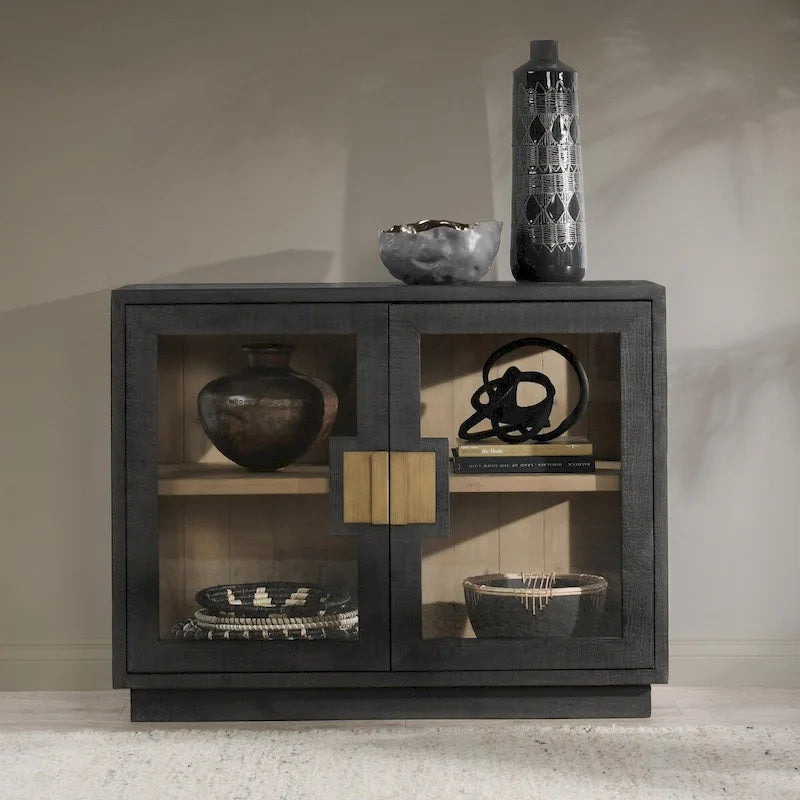 Two-Door Glass and Oak Wood Cabinet