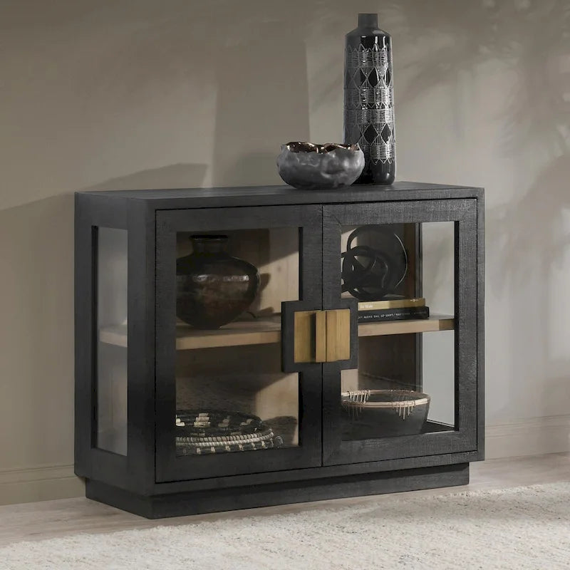 Two-Door Glass and Oak Wood Cabinet
