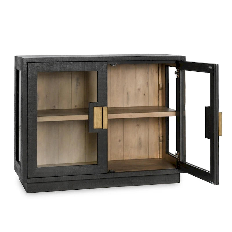 Two-Door Glass and Oak Wood Cabinet