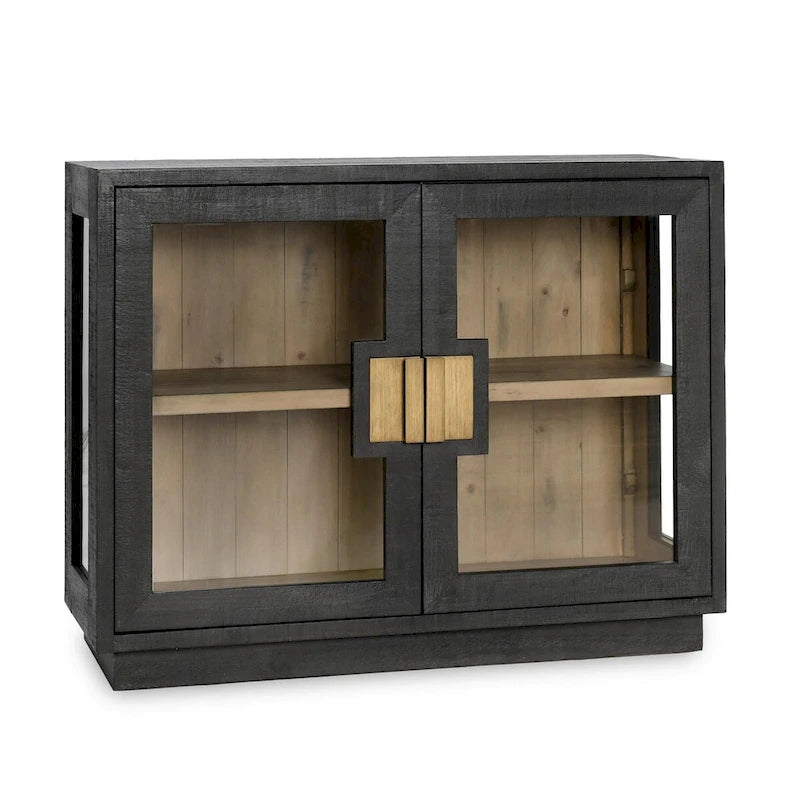 Two-Door Glass and Oak Wood Cabinet