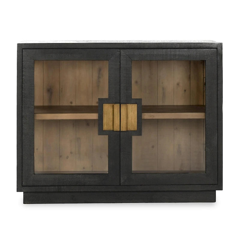 Two-Door Glass and Oak Wood Cabinet