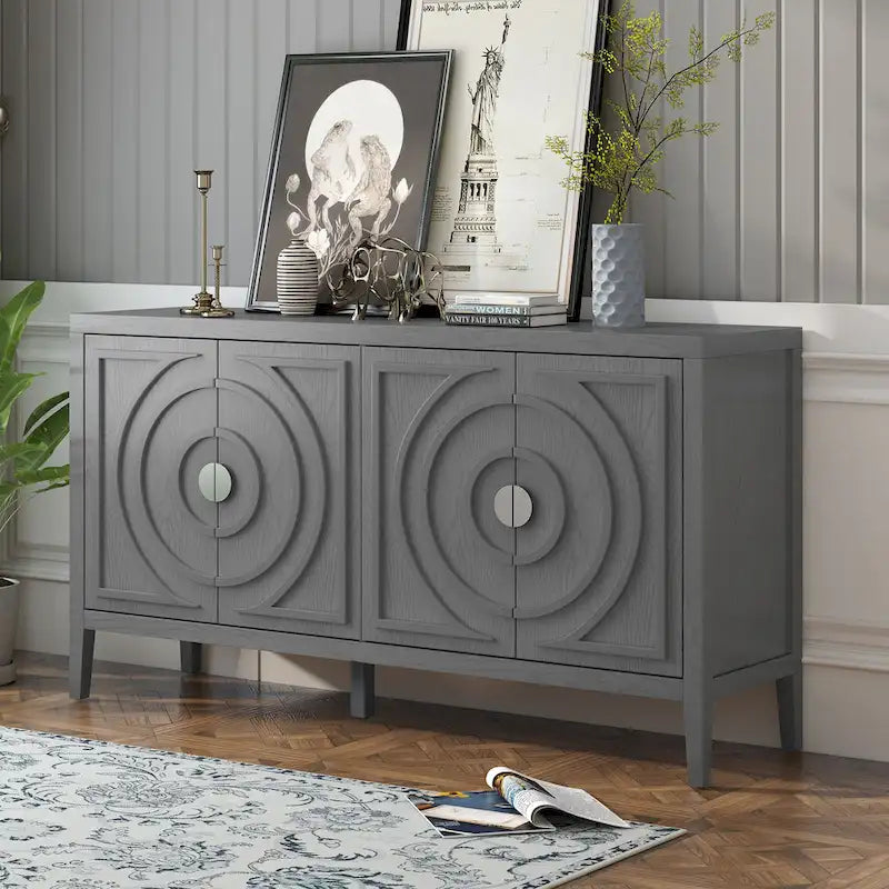 Retro Sideboard with Circular Groove Design Round Metal Door Handle