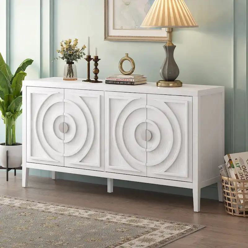 Retro Sideboard with Circular Groove Design Round Metal Door Handle