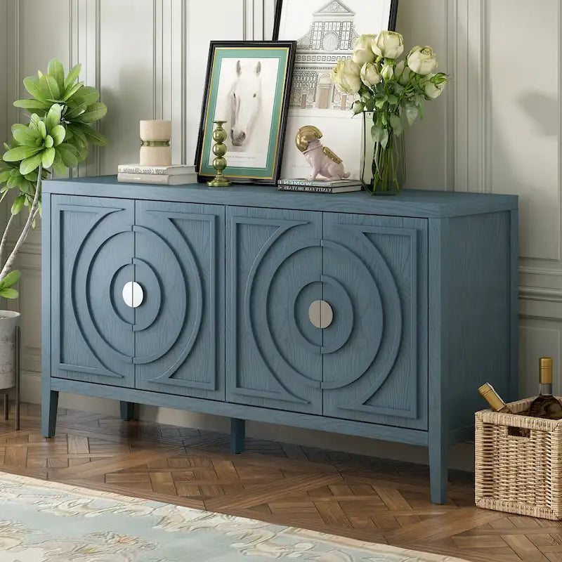 Retro Sideboard with Circular Groove Design Round Metal Door Handle