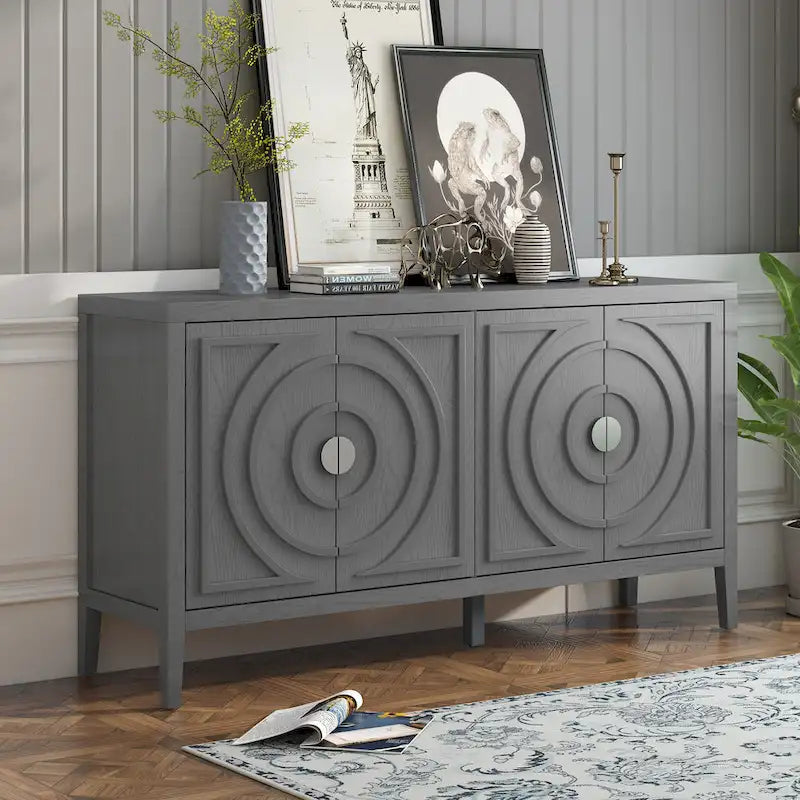 Retro Sideboard with Circular Groove Design Round Metal Door Handle