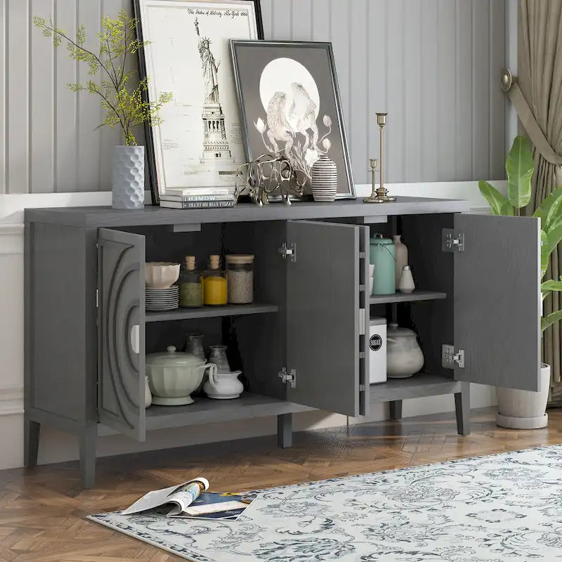 Retro Sideboard with Circular Groove Design Round Metal Door Handle