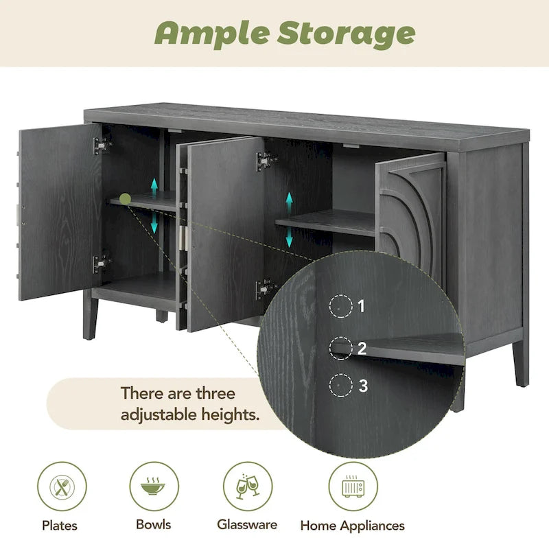Retro Sideboard with Circular Groove Design Round Metal Door Handle