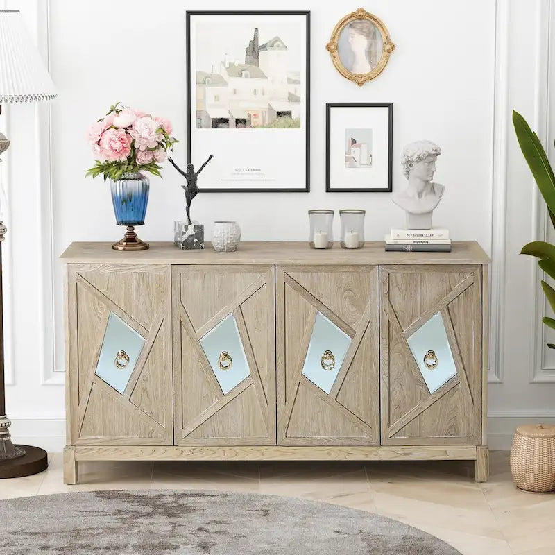 Modern 4-Door Cabinet Sideboard Buffets with Mirrored Decorative Doors