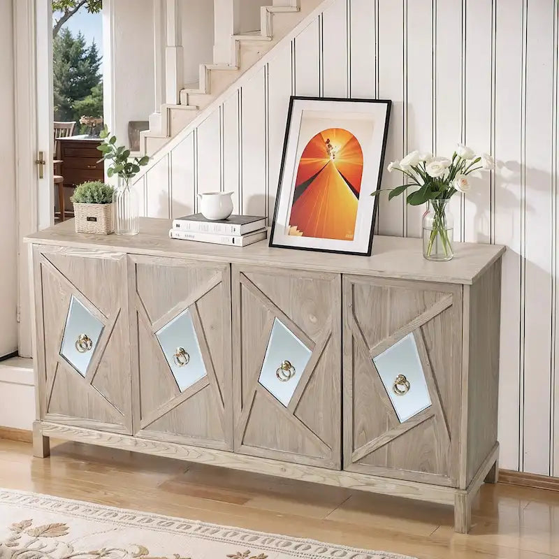 Modern 4-Door Cabinet Sideboard Buffets with Mirrored Decorative Doors