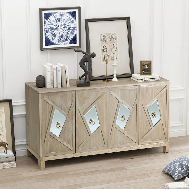 Modern 4-Door Cabinet Sideboard Buffets with Mirrored Decorative Doors