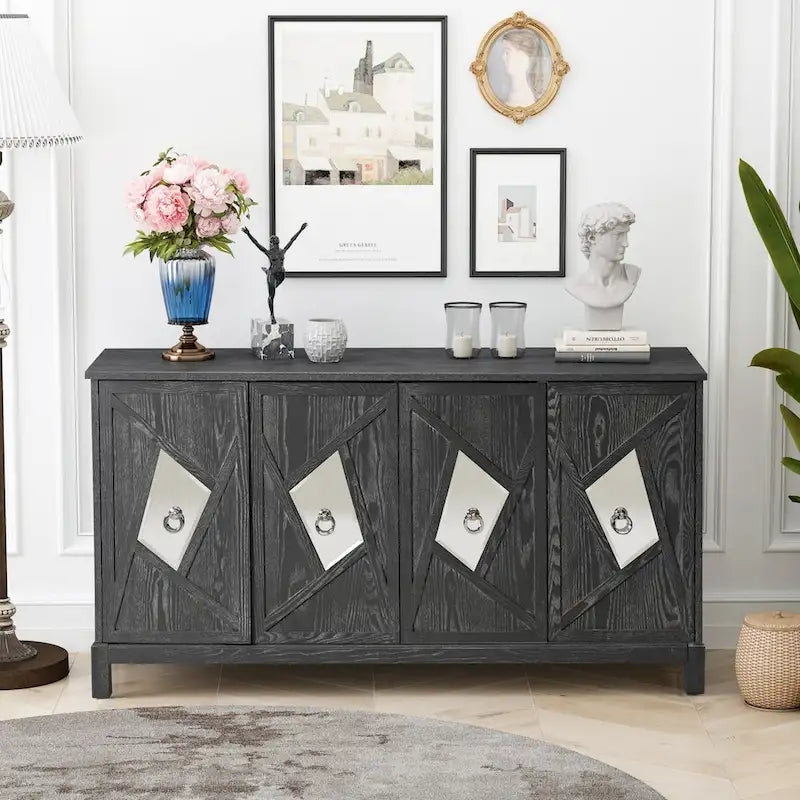 Modern 4-Door Cabinet Sideboard Buffets with Mirrored Decorative Doors