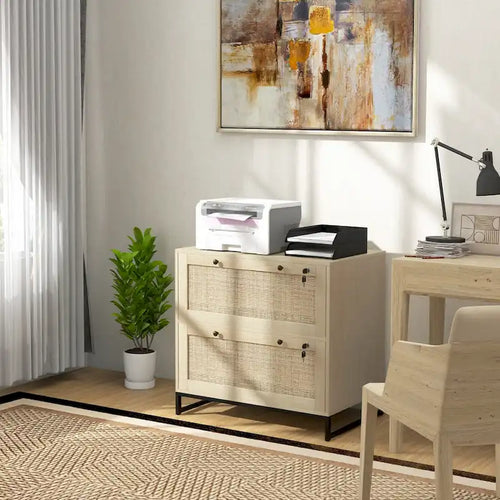 2 Drawer File Cabinet with Lock with Keys, Rattan Drawers and Adjustable Hanging Bar for Letter, A4 and Legal Size Paper Natural