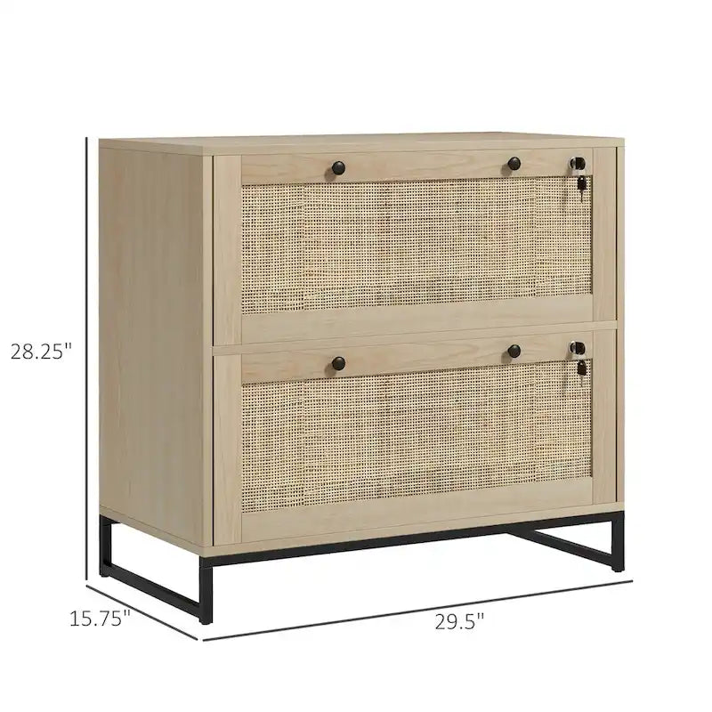 2 Drawer File Cabinet with Lock with Keys, Rattan Drawers and Adjustable Hanging Bar for Letter, A4 and Legal Size Paper Natural