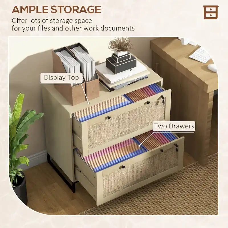 2 Drawer File Cabinet with Lock with Keys, Rattan Drawers and Adjustable Hanging Bar for Letter, A4 and Legal Size Paper Natural
