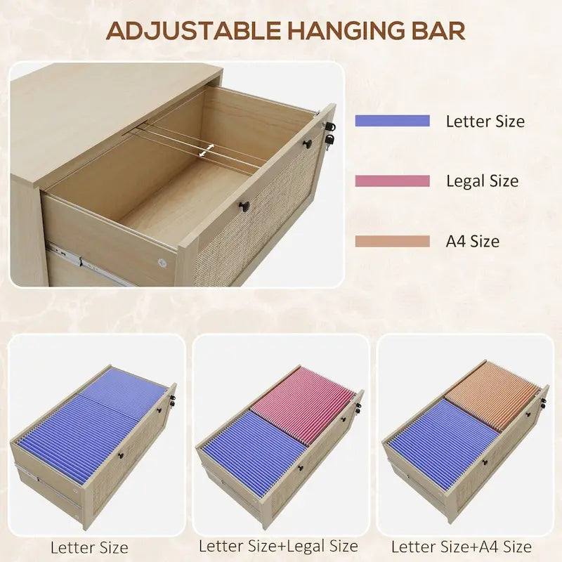 2 Drawer File Cabinet with Lock with Keys, Rattan Drawers and Adjustable Hanging Bar for Letter, A4 and Legal Size Paper Natural