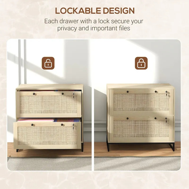 2 Drawer File Cabinet with Lock with Keys, Rattan Drawers and Adjustable Hanging Bar for Letter, A4 and Legal Size Paper Natural