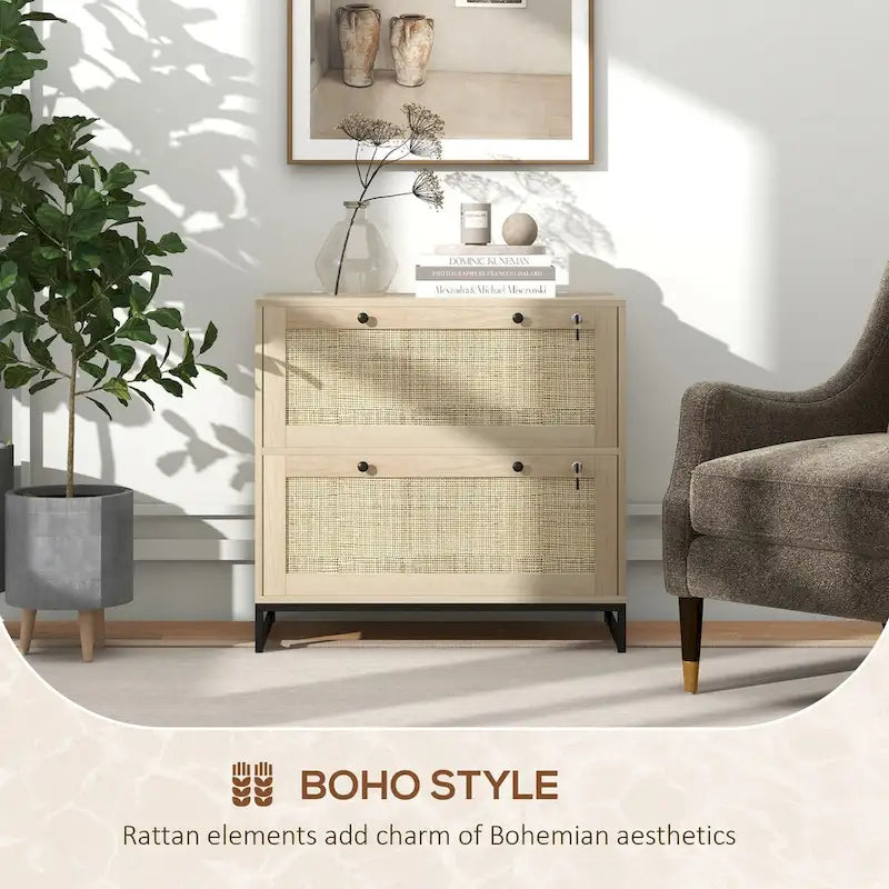 2 Drawer File Cabinet with Lock with Keys, Rattan Drawers and Adjustable Hanging Bar for Letter, A4 and Legal Size Paper Natural