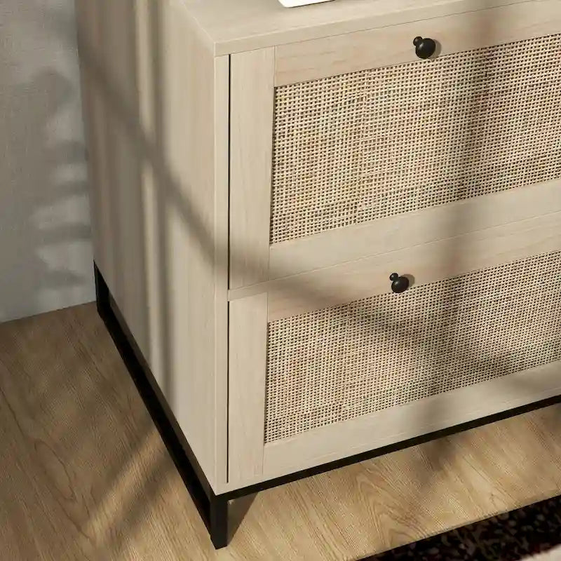 2 Drawer File Cabinet with Lock with Keys, Rattan Drawers and Adjustable Hanging Bar for Letter, A4 and Legal Size Paper Natural