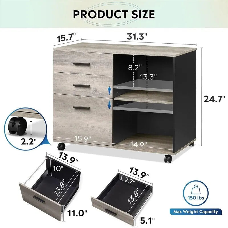 3-Drawer Wood File Cabinet - 15.7D x 31.3W x 24.7H