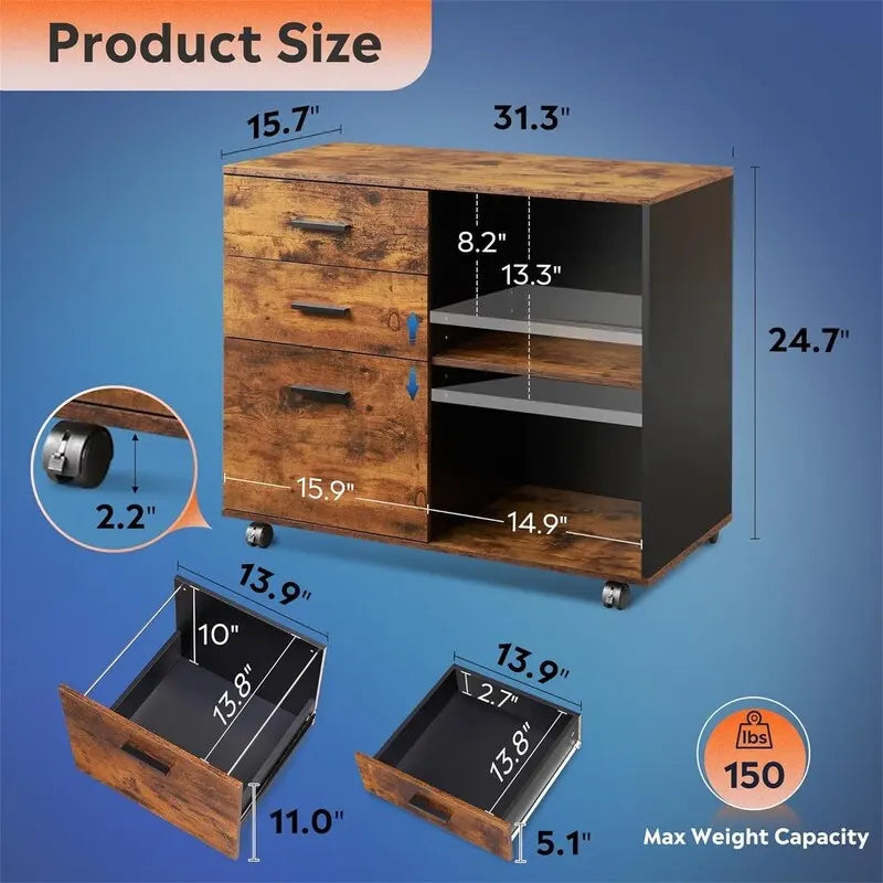 3-Drawer Wood File Cabinet - 15.7D x 31.3W x 24.7H