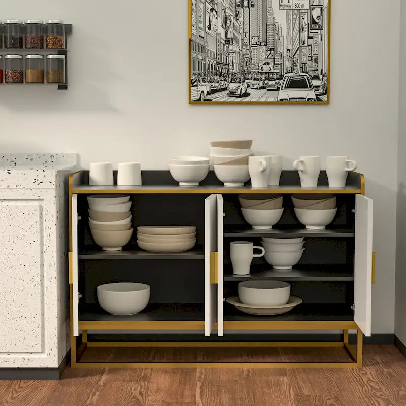 Modern Buffet Storage Cabinet Cupboard Gloss with Metal Legs for living room Kitchen (BLACK)