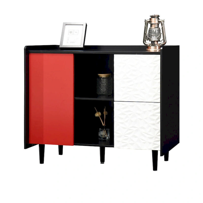 Sideboard Buffet Cabinet,Black Storage Cabinet with Red Doors,2 Drawers with unique panel styling and 2 Open Storage Compartment