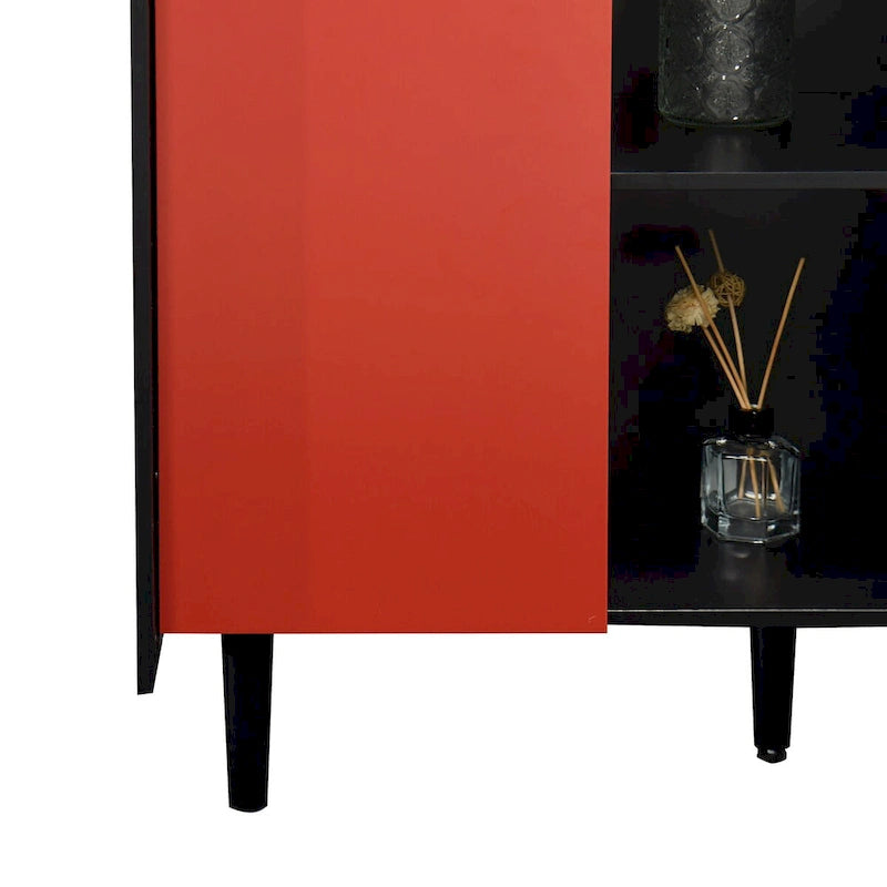 Sideboard Buffet Cabinet,Black Storage Cabinet with Red Doors,2 Drawers with unique panel styling and 2 Open Storage Compartment