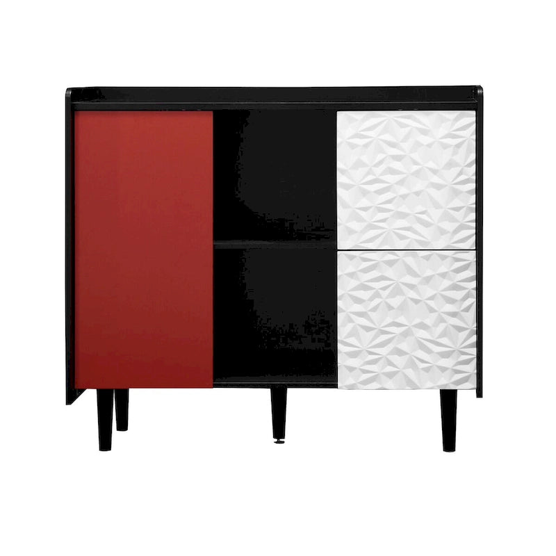 Sideboard Buffet Cabinet,Black Storage Cabinet with Red Doors,2 Drawers with unique panel styling and 2 Open Storage Compartment