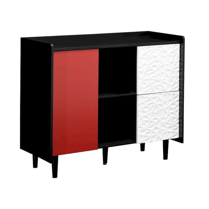 Sideboard Buffet Cabinet,Black Storage Cabinet with Red Doors,2 Drawers with unique panel styling and 2 Open Storage Compartment