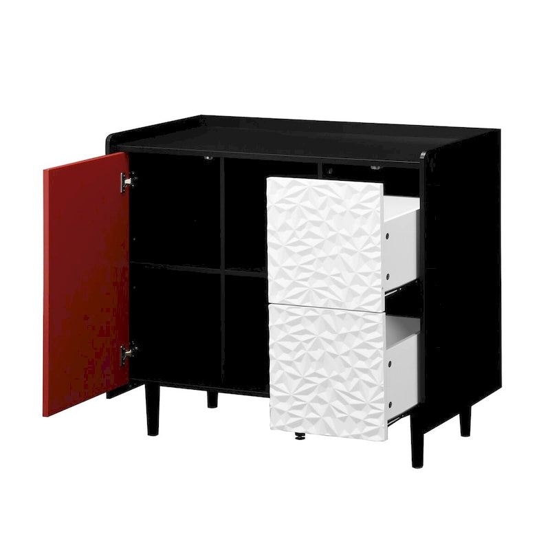 Sideboard Buffet Cabinet,Black Storage Cabinet with Red Doors,2 Drawers with unique panel styling and 2 Open Storage Compartment