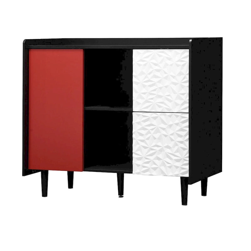 Sideboard Buffet Cabinet,Black Storage Cabinet with Red Doors,2 Drawers with unique panel styling and 2 Open Storage Compartment